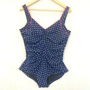 Gabar Polka Dot One‎ Piece Swimsuit Women's 16 Navy Blue Ruched Slimming Classic